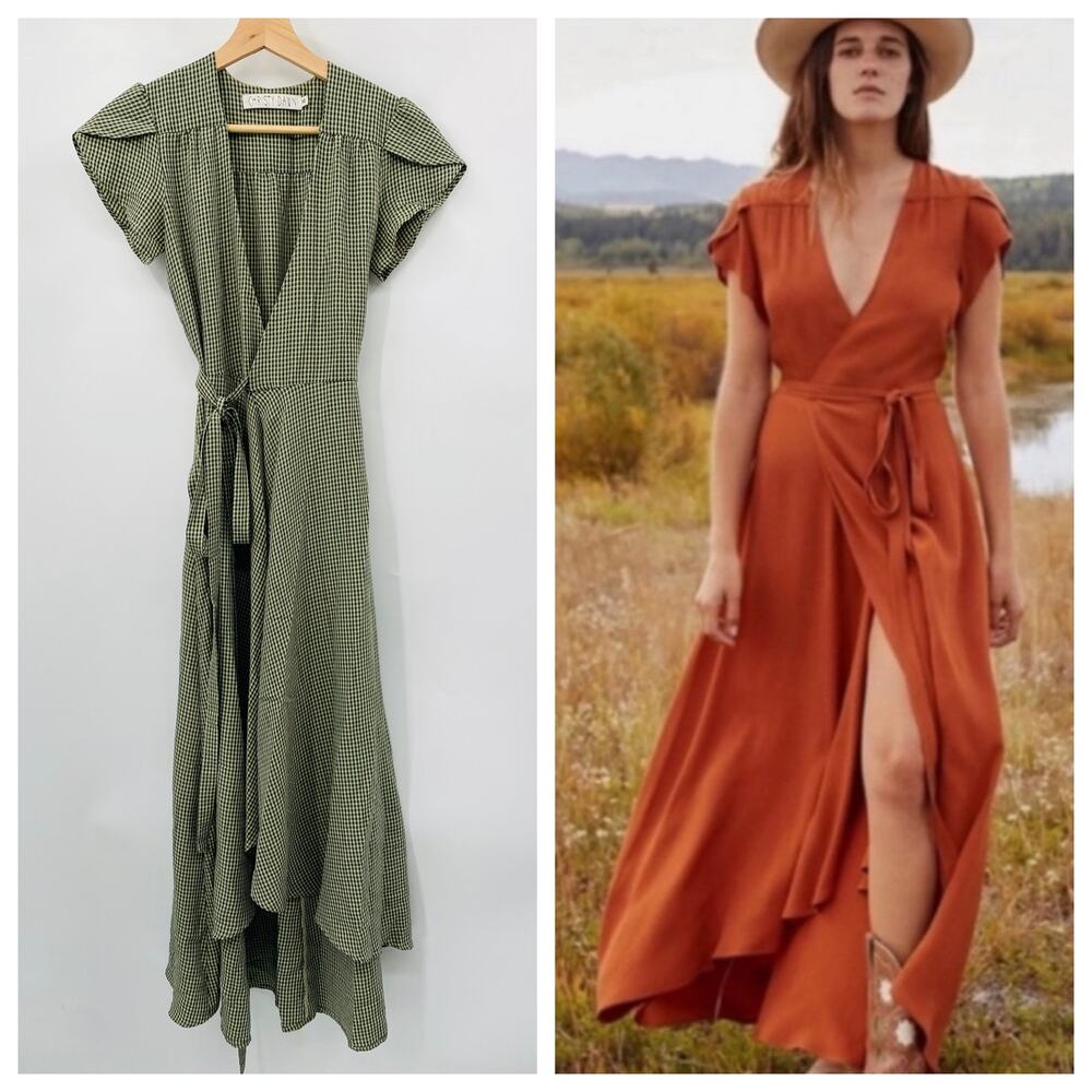 Christy Dawn XS Autumn Green Gingham Wrap Dress